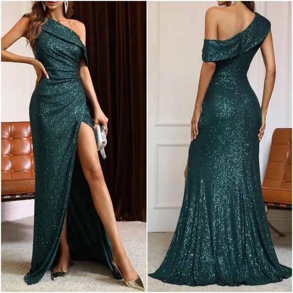 Luxe Sequin Split Thigh One Shoulder Party Wedding Formal Dress - Picture 10 of 10